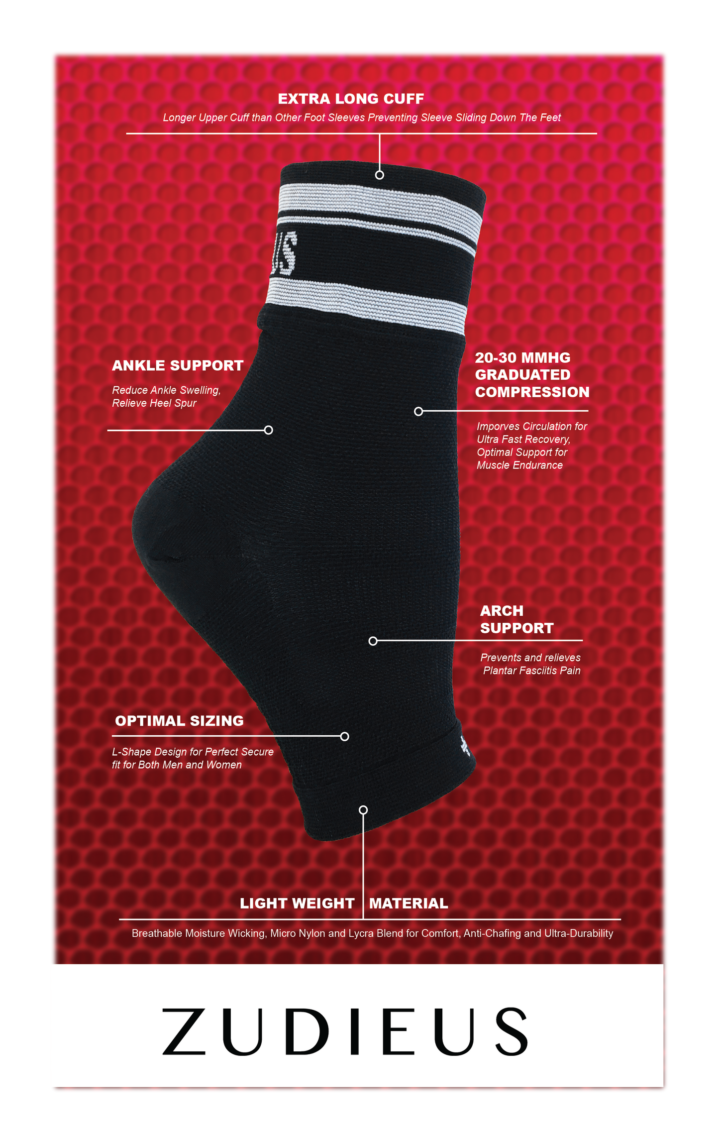 Zudieus 20-30 MMHG Graduated Compression Foot Sleeves (Black)
