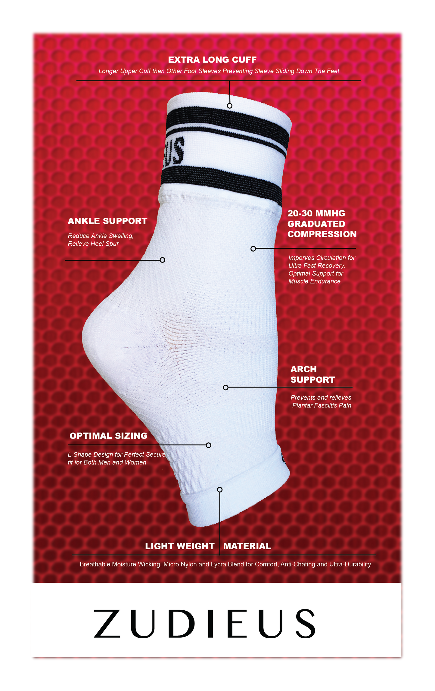 Zudieus 20-30 MMHG Graduated Compression Foot Sleeves (White)